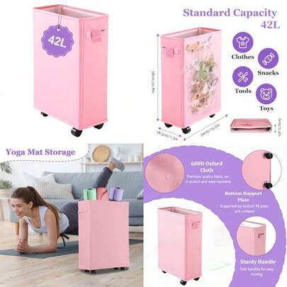 Cesta de lavandería delgada de 42 litros con ruedas cesta de lavandería enrollable para espacios s cesta plegable de ropa sucia Oxford 600D con freno y asa cesta de lavandería