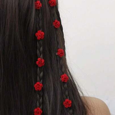10pcs Red Flower Hair Clips, Popular, Minimalist, Elegant, Gentle, Versatile, Romantic For Spring/Beach/Commute