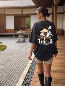 Retro Japanese Style Dragon Print Regular Fit Tokyo Souvenir Aesthetic Blouse For Women Casual Black Summer - Black - View 1