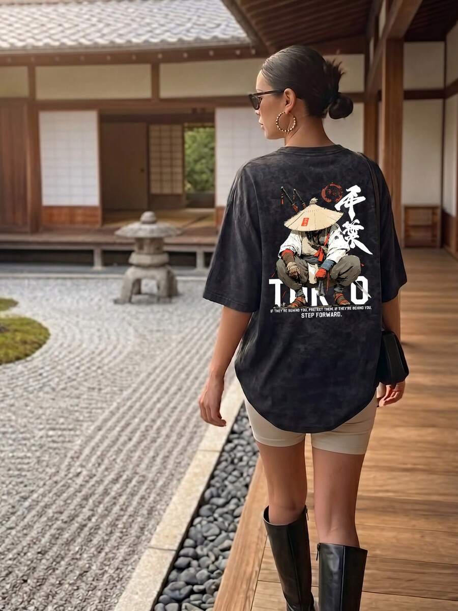 Retro Japanese Style Dragon Print Regular Fit Tokyo Souvenir Aesthetic Blouse For Women Casual Black Summer - Black - View 1