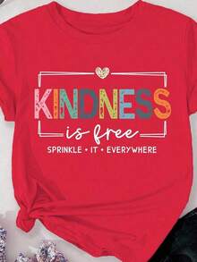 Plus Size T-Shirt With "Kindness Is Free" Print - Red - View 7