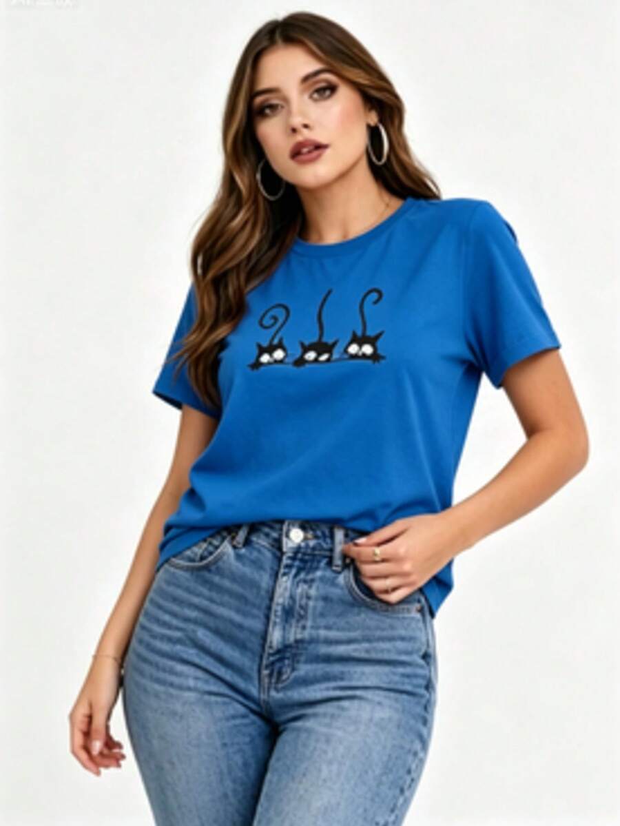 ¡CLICK AQUÍ! Imprescindible Prenda de Moda Camiseta de Manga Corta para Mujer con Estampado de Gatos - Modelo D7P014, Diseño Casual y Divertido para Looks Diarios - Azul - Ver 1