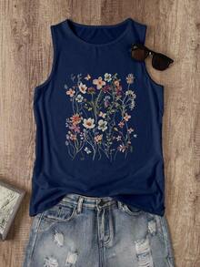 Plus Size Women Floral Sleeveless Tank Top - Blue - View 6