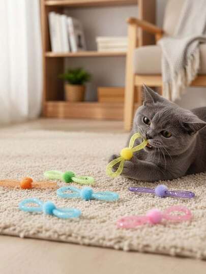 5pcs Colorful Bow Tie Cat Chew Toys, Interactive Tube Cat Toys With Pom Pom, Lightweight Teething Toy For Indoor Cats, Kitten Bite Resistant Chew Toys For Boredom Relief
