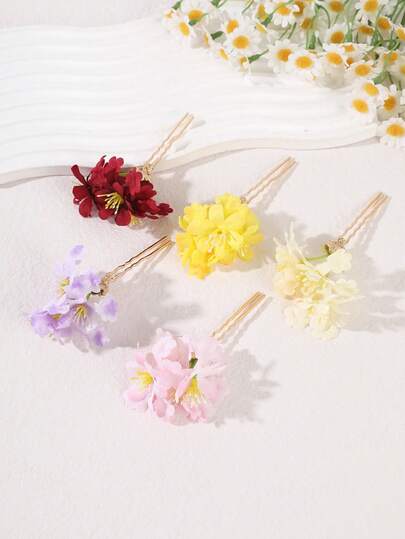 1Pc French Vintage Floral Hair Stick, Multi-Color Faux Flower U-Pin, Date/Everyday Versatile Hair Accessory, Women's Classic Botanical Hairpiece