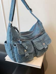 New Chic Casual Shoulder Bag Made Of Soft, Multi-Layered Denim With Multiple Pockets, Versatile, Suitable For Work, Shopping And Travel. - Pink - View 6