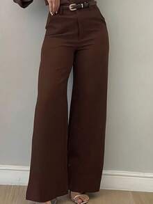 Pantalones casuales de pierna acampanada con diseño minimalista para mujer, adecuados para ir al trabajo, la oficina, uso diario, todo el año, color negro primaveral - Marrón - Ver 13