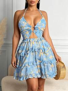 2026 Spring New Women's Clothing  European And American Cross-Border Dress Sexy Hollow Out Halter Neck V-Neck Tiered Dress - 淺藍色 - 查看 9