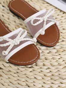 1 Pair Summer Flat Slippers, Fashionable Mesh Upper Woven Bow Slip-On Children Beach Sandals, Suitable For Girls - White - View 8