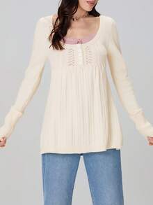 Blusa tipo túnica con cuello cuadrado y botones de manga larga de color liso para mujer, otoño - Blanco - Ver 4
