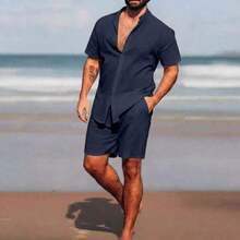 Men's Fine Set With Mandarin Collar + Plain Crepe Shorts - Navy Blue - View 1