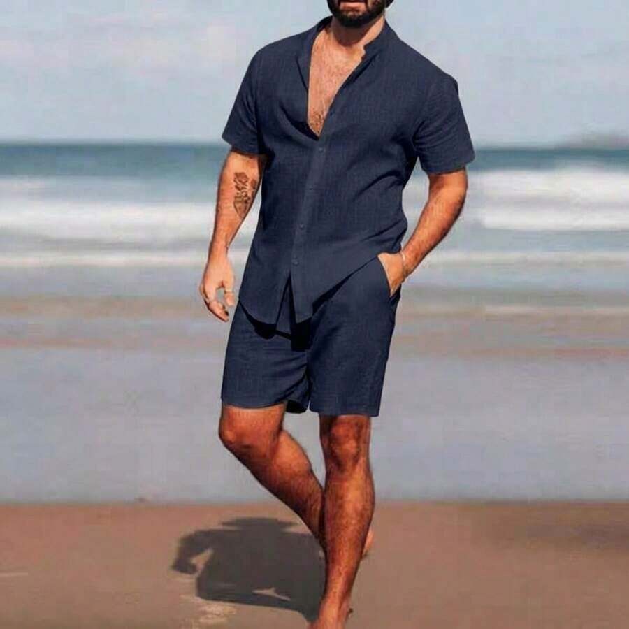 Men's Fine Set With Mandarin Collar + Plain Crepe Shorts - Navy Blue - View 1