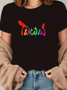 Nueva camiseta moderna con estampado de letras coloridas - Negro - Ver 2
