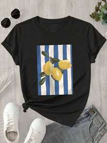 Camiseta de manga corta para mujer, 100% algodón, con estampado de limones, versátil  100% algodón - Negro - Ver 5