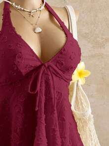 2026 Bellisia Vestido elegante de mujer con estampado de lunares, tela texturizada, camisola relajada para vacaciones, bikini amarillo tipo tankini para playa.Conjunto de playa de mujer para verano 2026, temporada de graduación, boda, regreso a clases, Pascua.Camisola de verano casual y linda, con textura de punto, detalles de volantes, en estilo dulce, romántico y campestre. - Rojo - Ver 6