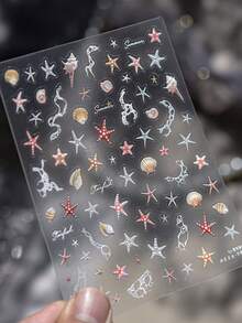 1片装 5D 夏季海贝美甲贴纸 闪亮贝壳灯海星美甲贴纸 夏季沙滩美甲装饰贴纸 DIY美甲设计 - 彩色 - 查看 5