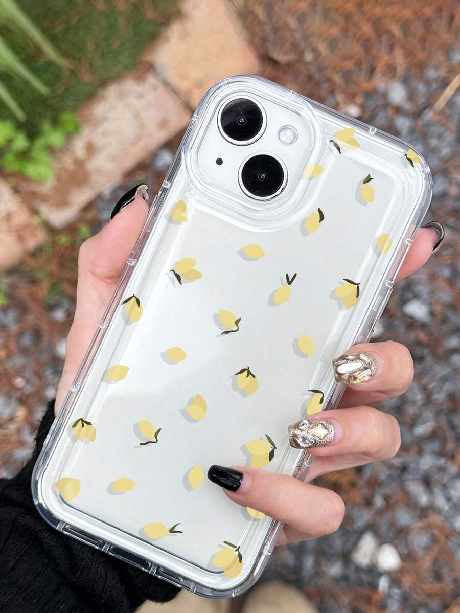 1pc Transparent Shockproof Phone Case With Full Screen Lemon Pattern, Compatible With Apple 15 Pro Max, 11/12/13/14 Plus, XR/7/8 Plus, TPU Protective Cover - Clear - View 1