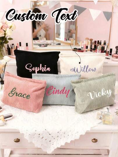 Customized Corduroy Makeup Bag, Personalized Name Cosmetic Storage Pouch, Personalized Makeup Bag, Toiletry/Cosmetic Bag, Ideal Gift For Bridesmaids Or Brides, Travel Makeup Bag, Bridal Party Gift, Bridesmaid Gift, Bachelorette Party Gift