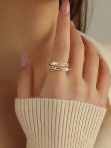 jealous young 1 chiếc nhẫn nữ mạ vàng hai lớp tinh tế, hình mắt xích và đính đá Cubic Zirconia hình chữ nhật, trang sức tối giản có thể điều chỉnh kích thước, phù hợp cho đeo hàng ngày, đi làm và dự tiệc. - Vàng - Xem 2