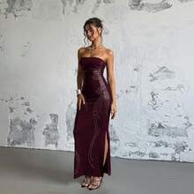 Vestido Cuello Bardot con Pedrería y Ala Decorativa, Corte Favorecedor para Figura - Burdeos - Ver 5