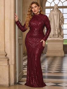 Plus Mock Neck Sequin Formal Dress - Burgundy - View 1