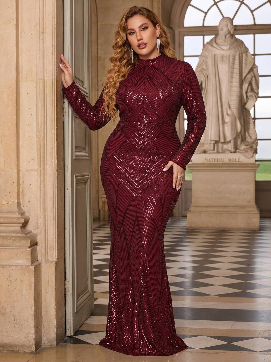 Plus Mock Neck Sequin Formal Dress - Burgundy - View 1