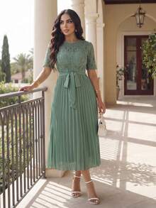 SHEIN Lady Váy dự tiệc cưới ren tan trong nước xếp ly thắt lưng cho nữ - màu xanh lá - Xem 7