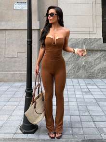 1 pieza Vestido con detalle de corpiño de tela de punto de unicolor, adecuado para vacaciones, viajes y citas, verano - Marrón - Ver 2