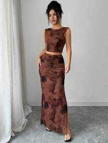 Raffinéa Vestido ajustado de mujer con abertura, de malla con efecto tie-dye degradado sin mangas, conjunto de 2 piezas - Café integral - Ver 4