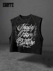 Gothic Print Sleeveless Crop Top, Vintage American Style - Black - View 1