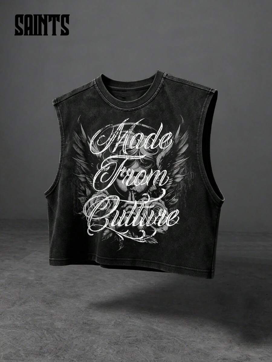 Gothic Print Sleeveless Crop Top, Vintage American Style - Black - View 1