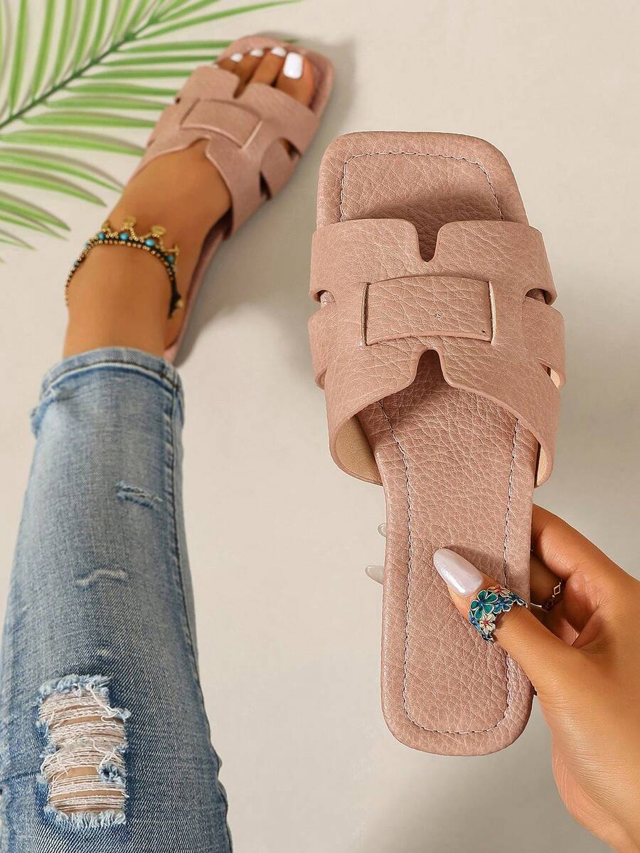Ximi Ruo New Spring/Summer Fashion Casual Strap Slide Sandals, Comfortable Flat Heel Round Toe Beach Slippers, Versatile Slip-On Sandals For Women - Pink - View 1