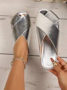 Women's Fashion Snake Skin Pattern Criss-Cross Closed Toe Sandals, Versatile Daily Wear Sandals For Teenagers And Young Girls - Silver - View 1