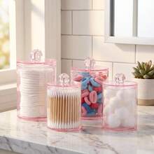4 pezzi Scatole di stoccaggio trasparenti con coperchi, adatte per il bagno e la scrivania, possono contenere batuffoli di cotone, cotton fioc, cosmetici e accessori, design minimalista multifunzionale - Rosa - Visualizzare 7