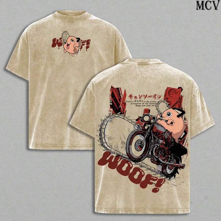 T-Shirt - Vintage WashedOversized Heavy Cotton Anime Manga Tee, WOOFCute Dog Chainsaw Devil Retro StreetwearGraphic Top Gift For Fans Made To Ordersummer Outfits For Women Graphic Tees Summer Tops - Màu be - Xem 1