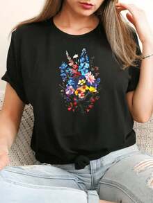 ropa de mujer blusas para mujerCamiseta de Mujer con Estampado Flclothesal Colclothesido Diseño de Flclotheses Silvestres para Primavera y Veran - Negro - Ver 2