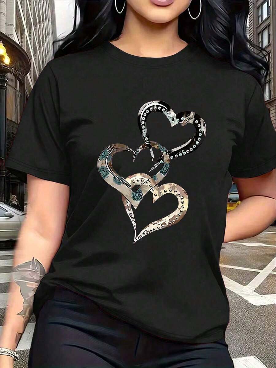 Camiseta casual de mujer con estampado de corazón y cuello redondo, para verano - Negro - Ver 1