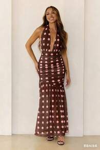 Women's Sexy Polka Dot Halter Long Dress Sleeveless Bodycon Fit And Flare With Ruched Details, Elegant And Stylish For Summer Events - màu nâu - Xem 3