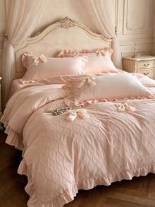 1 Set Princess Style Bow Lace Crafted Bedding Set, French Romantic Soft Jacquard Duvet Cover Set Including 2 Pillowcases And 1 Duvet Cover, Suitable For Home Bedroom Wedding Decoration - Pink - View 2