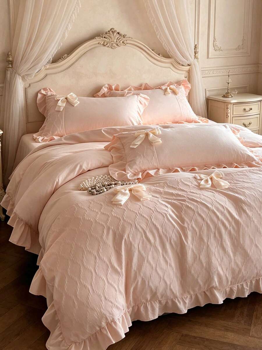 1 Set Princess Style Bow Lace Crafted Bedding Set, French Romantic Soft Jacquard Duvet Cover Set Including 2 Pillowcases And 1 Duvet Cover, Suitable For Home Bedroom Wedding Decoration