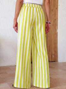 Women's Casual Striped Straight Loose Pants For Summer, Suitable For Daily Wear & Vacation - Fluorescent Yellow - View 2