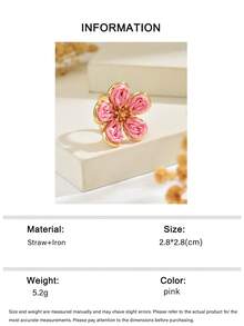 1pc Boho Summer Mori Style Handmade Rattan Woven Flower Open Ring, Macaron Multi-Color With Gold Trim 3D Petal Design, Adjustable Size Fits All, Lightweight & Comfortable, Suitable For Beach, Picnic, Music Festival, Daily Wear And Photo Shoots, Delicate Girly Accessory, Great Gift Option - Pink - View 5