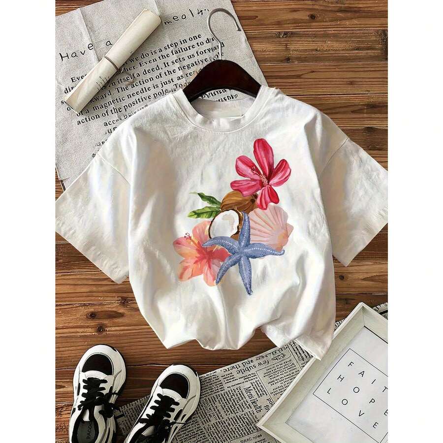 Camiseta Extra Grande para Mujer con Estampado de Dibujos Animados Animados, Transpirable, Manga Corta, Cuello Redondo, Top Casual para Primavera y Verano, 100% - Blanco - Ver 1