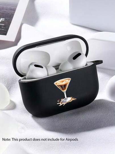 Cartoon Espresso Martini Print Black Earphone Protective Case, Suitable For AirPods 1/2, 3, 4,Pro, Pro 2,Pro 3,Great Gift Idea For Friends/Family, Shockproof TPU Case For AirPods