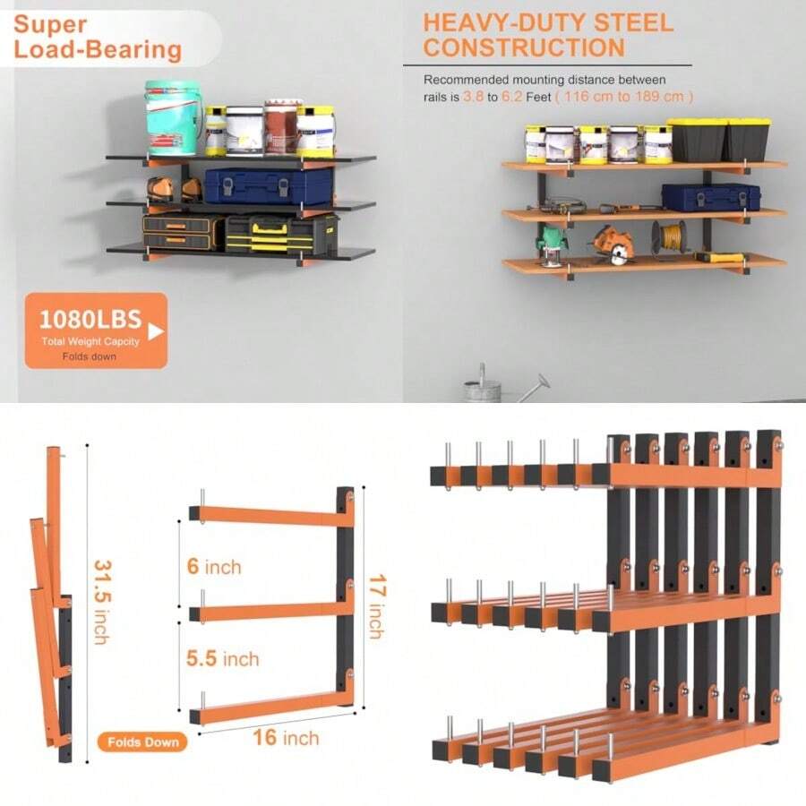 Soporte de pared para madera, estante de almacenamiento de madera, estantes de almacenamiento de madera resistentes con sistema de 9 niveles, organizador de madera duradero de 1000 libras, estantes de - Anaranjado - Ver 1