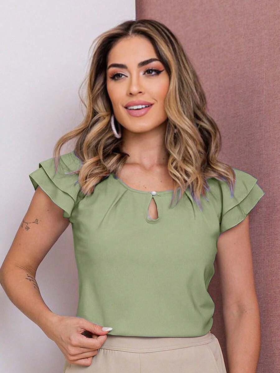 Women's Blouse With Ruffle, Short Sleeves, Tank Top, Summer Fashion T-Shirt - Matcha Color - View 1