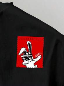 Camiseta de manga corta de cuello redondo con estampado de dibujos animados para hombre, de punto negro, versátil Cuello Redondo Algodón 100% Tejido Suave Manga Corta - Negro - Ver 2