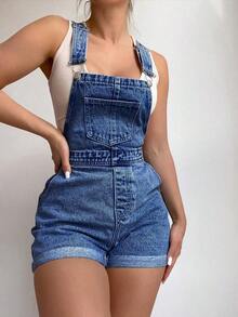 Pantalones de peto vaqueros lavados de verano casuales - Azul lavado oscuro - Ver 4