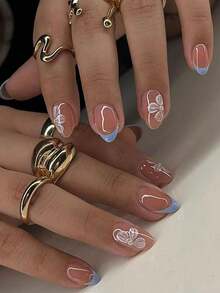30pcs Short Almond-Shaped French Flower Press-On Fake Nails With Small Pearl Decor, Ideal Acrylic Artificial Nails Set. Includes: 1pc Jelly Gel And 1pc Nail File. - Multicolor - View 10