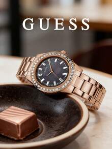 Women's Elegant Rose Gold Metal Strap Luxury Rhinestone Bezel Dark Dial Quartz Wrist Watch, High-End Business/Commute/Holiday Gift - Rose Gold - View 4